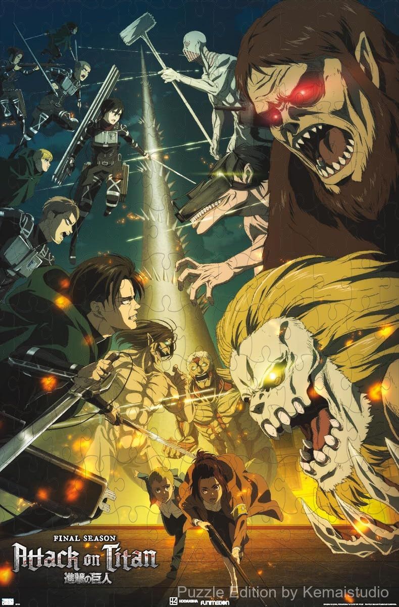Wooden puzzle featuring the key visual from Attack on Titan: Season 4, with dramatic action scenes