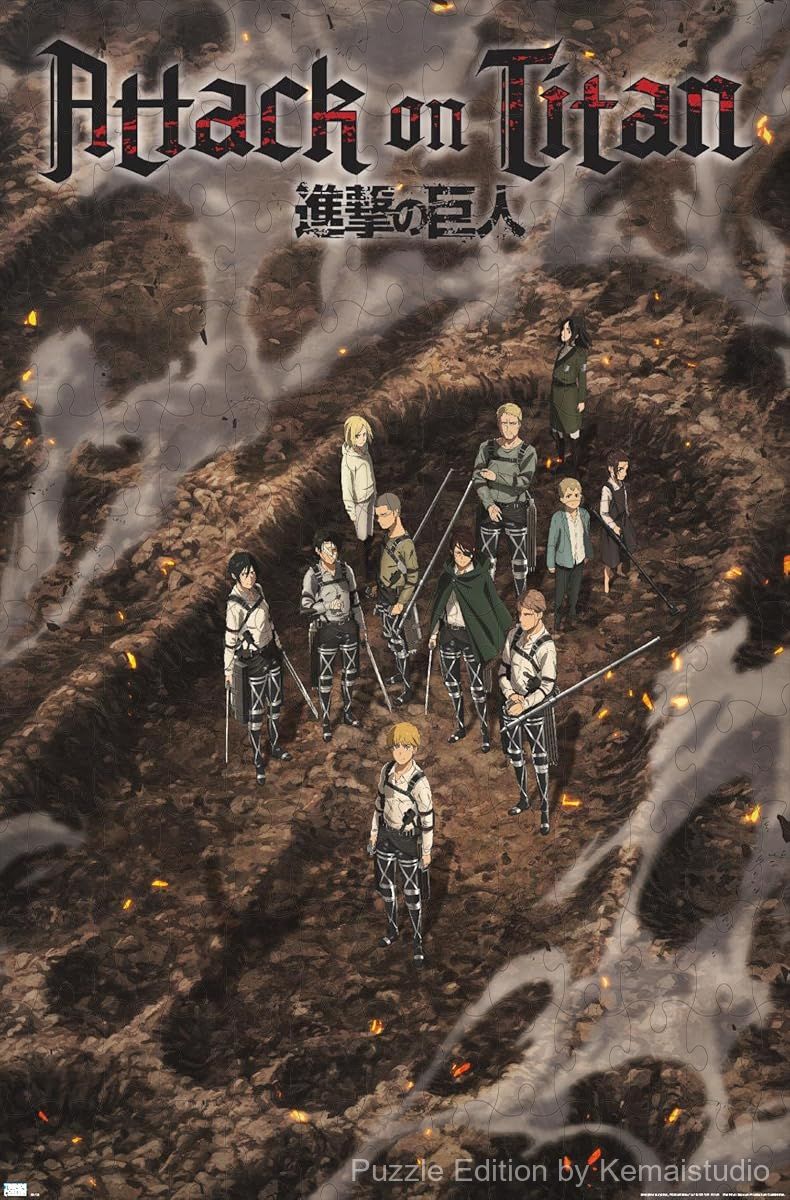 Wooden puzzle featuring the teaser art from Attack on Titan: The Final Season Part 3, with dramatic visuals