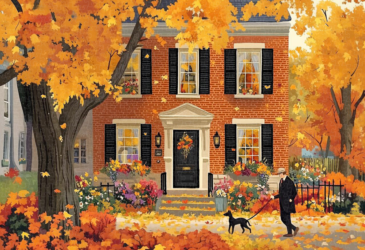 Vibrant 1000-piece wooden puzzle with autumn-themed artwork, perfect for cozy evenings and fall decor