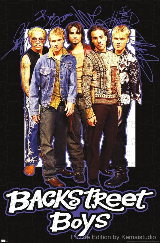A collector's puzzle featuring the autographs of all five Backstreet Boys in stylized format