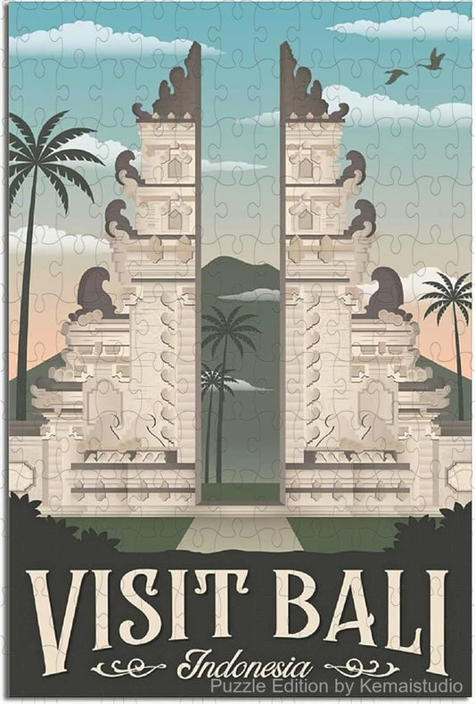 Classic Bali travel puzzle in vintage national park poster style