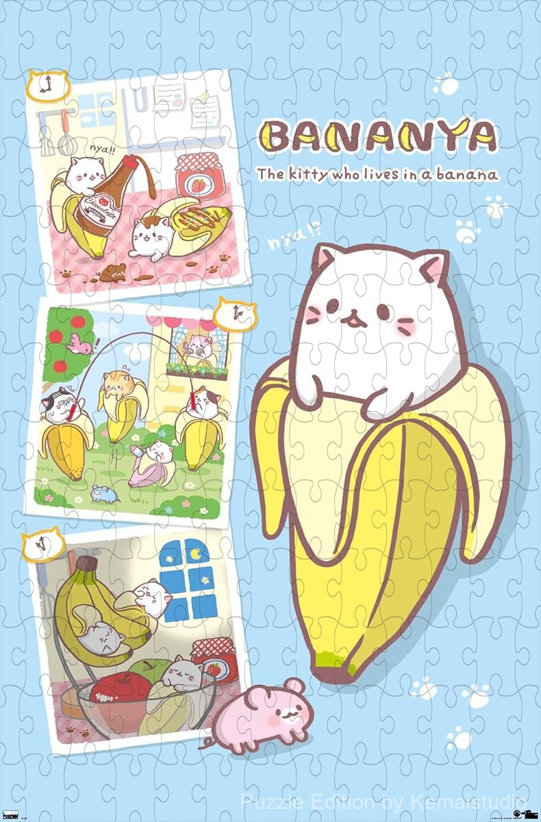 Wooden puzzle featuring Bananya in a fun collage design, with vibrant and playful details
