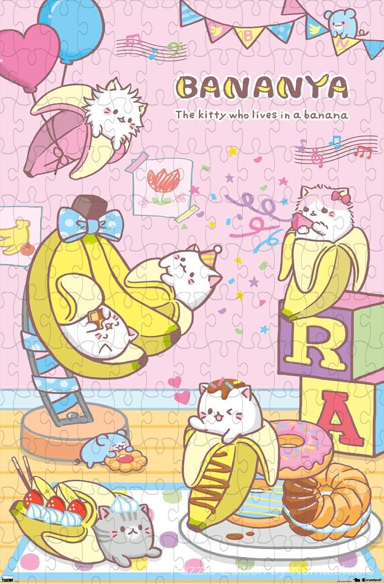Wooden puzzle featuring Bananya at a fun party, with vibrant and playful designs