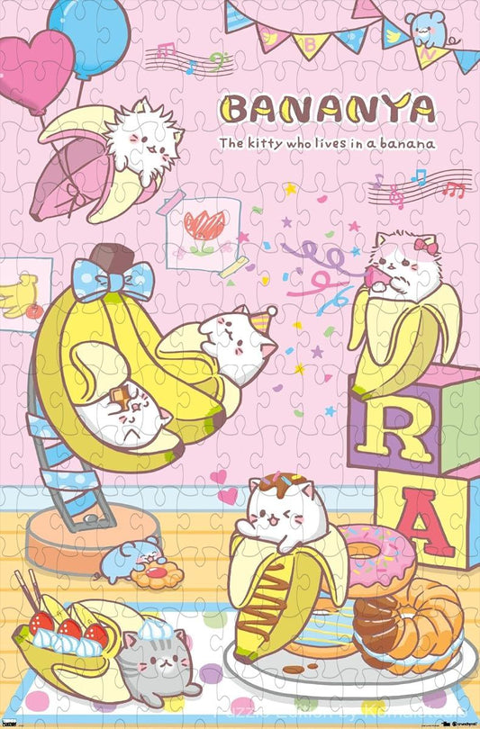 Wooden puzzle featuring Bananya at a fun party, with vibrant and playful designs