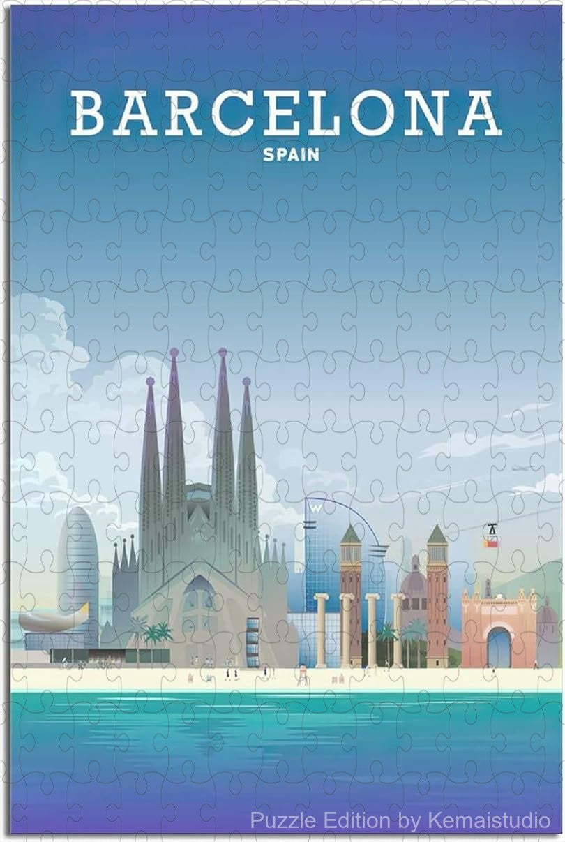Explore Barcelona with this vintage skyline puzzle, a fun wooden jigsaw puzzle for adults and decoration