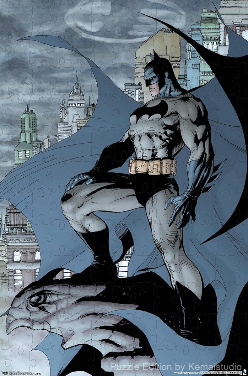 Batman standing tall with his cape flowing in a moody Gotham setting
