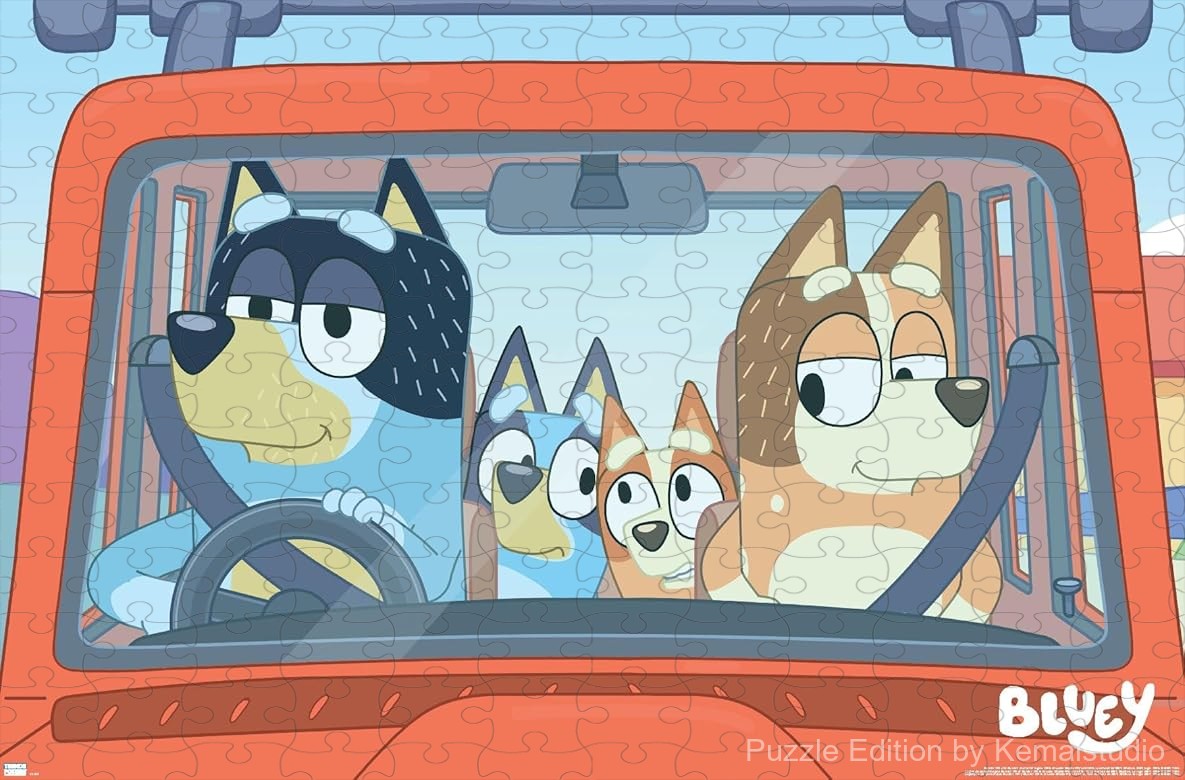 300-piece wooden jigsaw puzzle featuring Bluey and her family on a car ride.