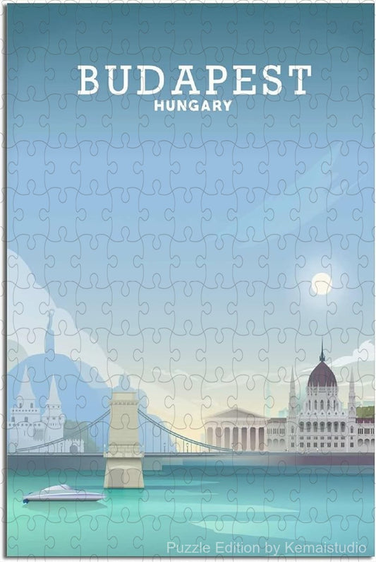 Illustrated Budapest skyline in retro European travel poster style
