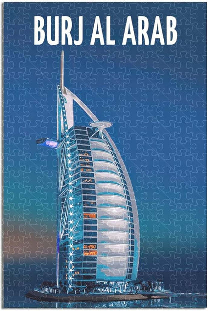 Burj Al Arab, Dubai, 1000-piece wooden puzzle of the world-renowned luxury hotel against Dubai’s stunning skyline.