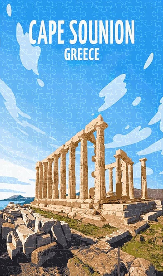 Cape Sounion Greece vintage travel poster jigsaw puzzle for adults, 1000-piece wooden puzzle featuring the iconic Temple of Poseidon.