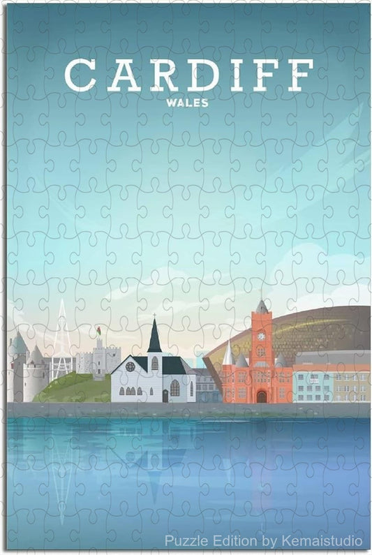 Relax with Cardiff vintage skyline puzzle, featuring classic cityscapes in a wooden jigsaw for adults