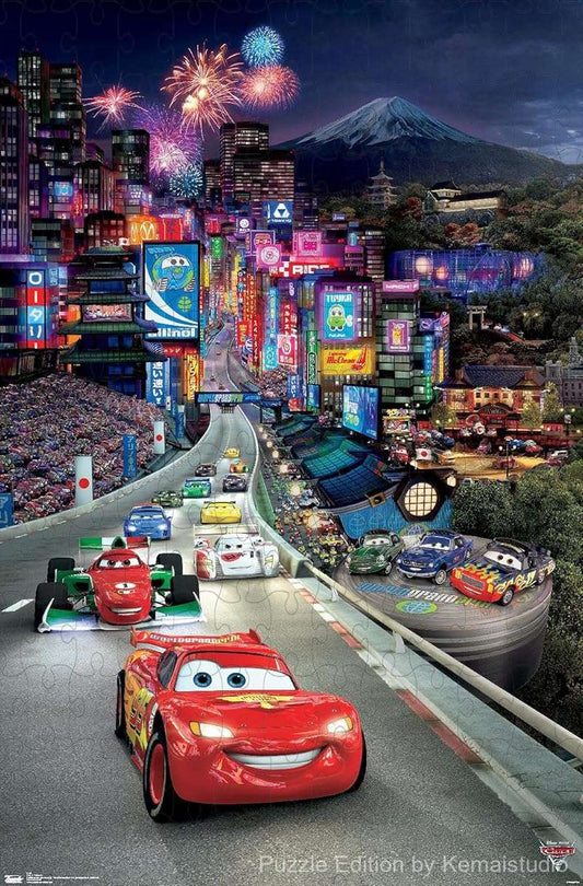 Lightning McQueen and friends in a dynamic three-part Cars 2 image