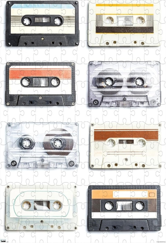 A nostalgic puzzle featuring a colorful spread of vintage cassettes, great for retro home decor
