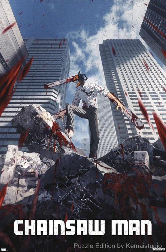 Wooden puzzle featuring the iconic key art from Chainsaw Man, with dynamic and dramatic visuals