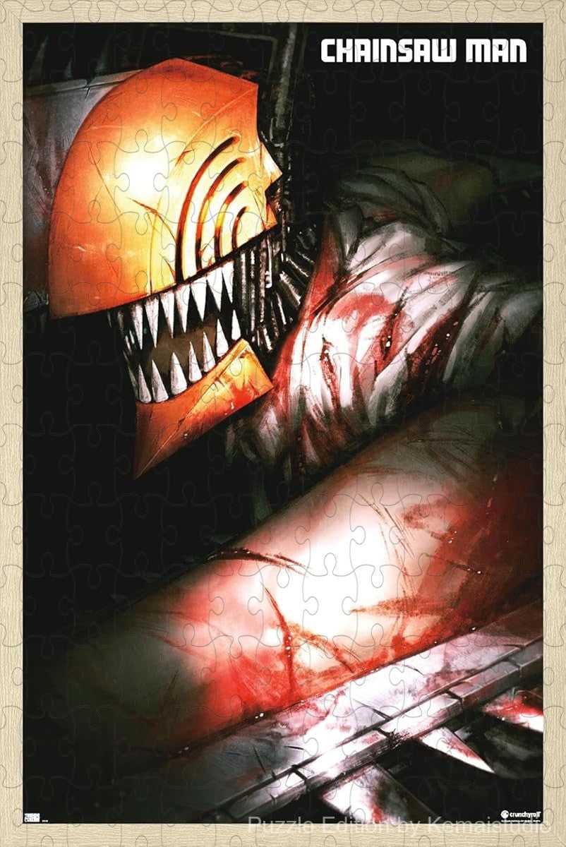 Wooden puzzle featuring the teaser key art from Chainsaw Man, with high-definition details