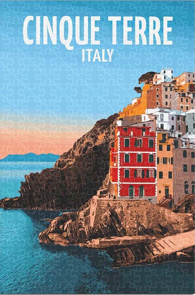 Cinque Terre Italy vintage travel poster jigsaw puzzle for adults, 1000-piece wooden puzzle of the colorful Cinque Terre coastline.