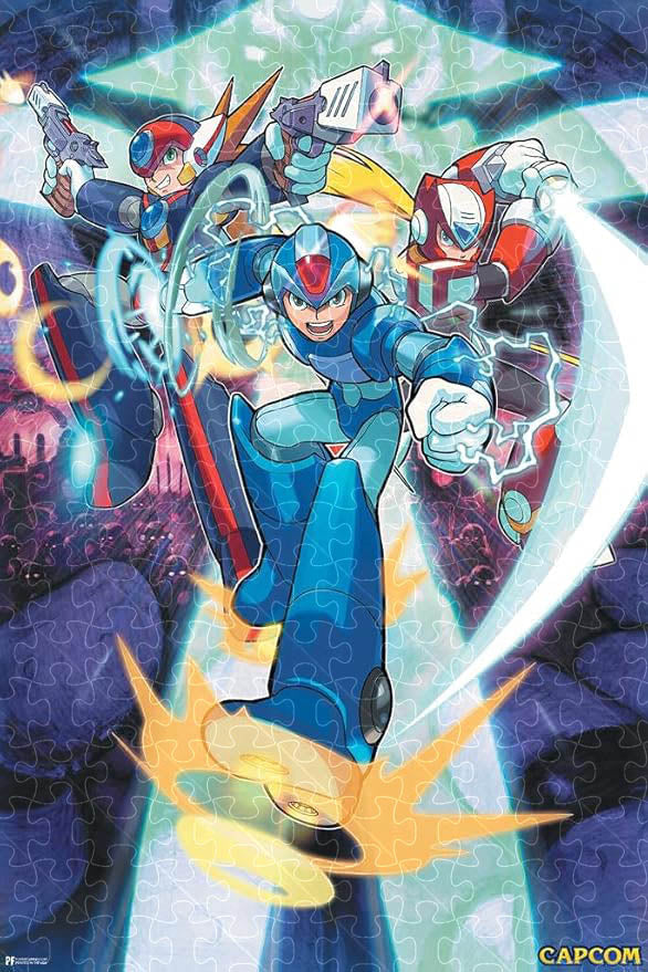 Vintage Capcom Mega Man puzzle recreating classic Japanese Famicom poster art - 1000-piece interlocking challenge with hidden E-Tank collectibles