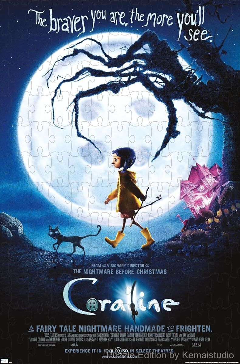500-piece wooden jigsaw puzzle featuring Coraline's brave one-sheet poster.