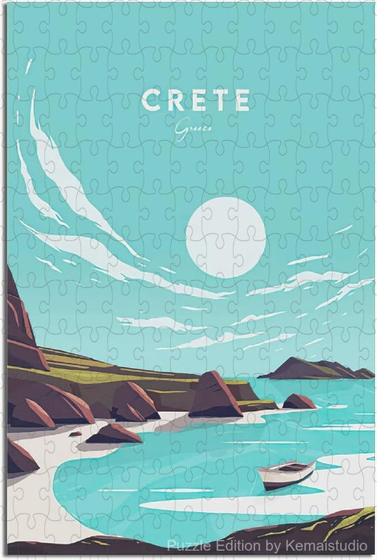 Cretan landscape puzzle with vintage island travel poster style