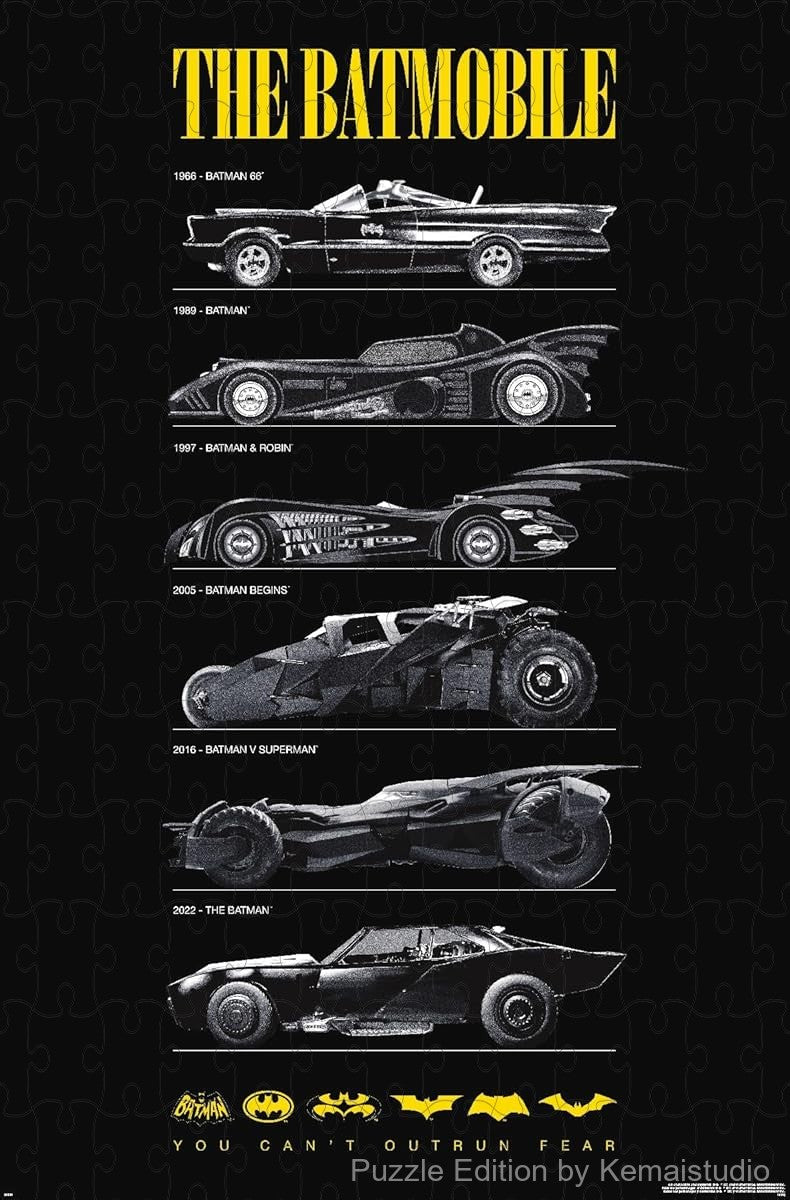 1000-piece wooden jigsaw puzzle featuring various Batmobiles for Batman's 85th anniversary.