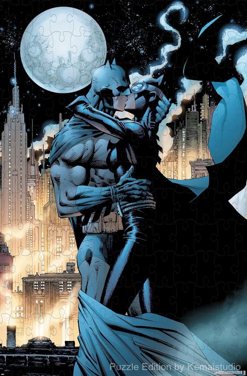 Scene of Batman and Catwoman sharing an iconic kiss in Gotham