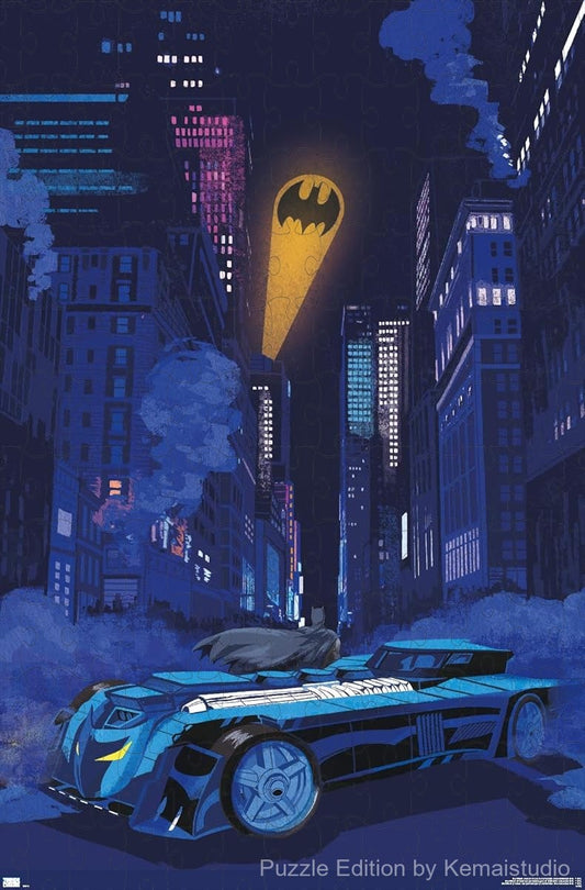 Gotham's Bat Signal shines brightly against the city's skyline in this puzzle