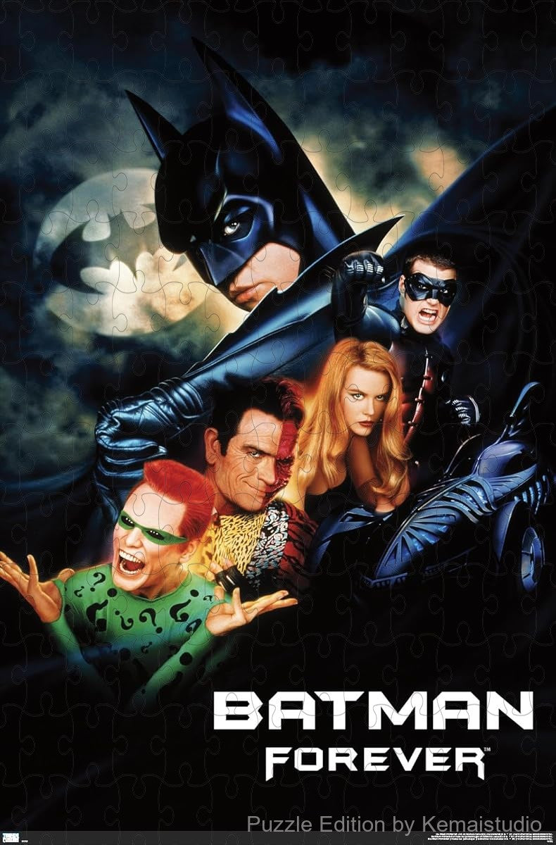 A bold and colorful Batman Forever movie scene featuring the iconic Batman logo