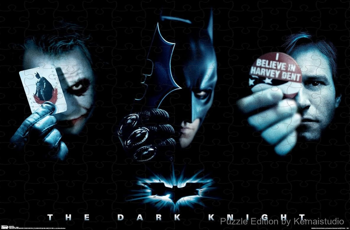 Scene of the Joker, Batman, and Harvey Dent in The Dark Knight