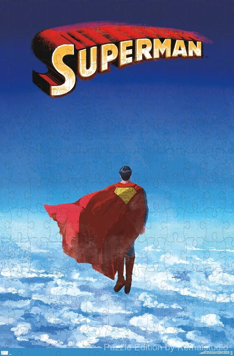 The Superman shield stands over a city skyline with dramatic clouds