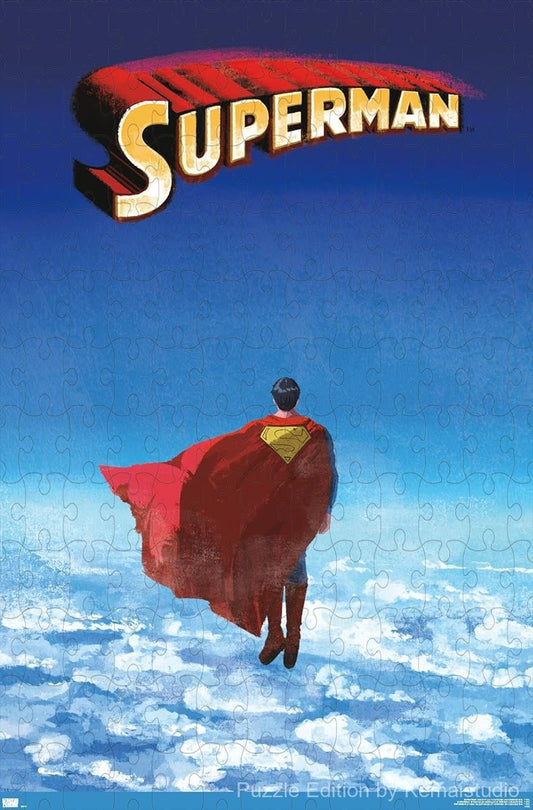 The Superman shield stands over a city skyline with dramatic clouds