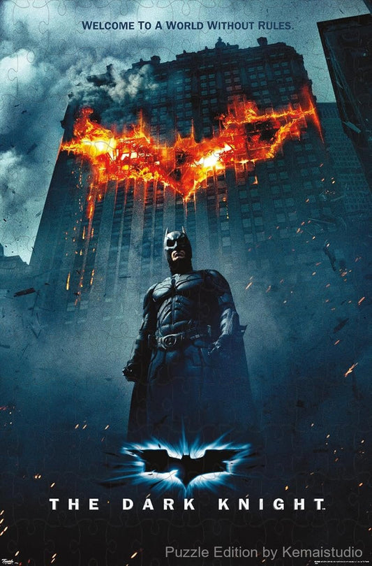 500-piece wooden jigsaw puzzle featuring the Batman logo on fire from The Dark Knight movie.