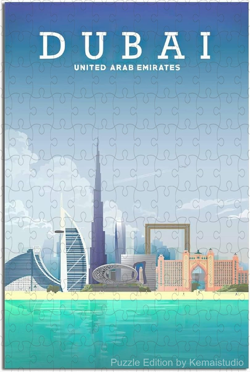 Relax with Dubai vintage skyline puzzle, a wooden jigsaw puzzle featuring modern city views for adults