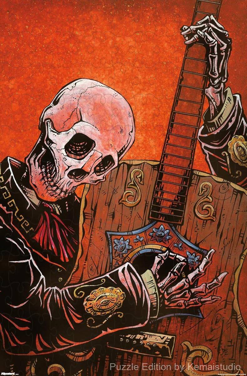 A colorful puzzle of David Lozeau's El Guitarrista, blending Day of the Dead style and music themes