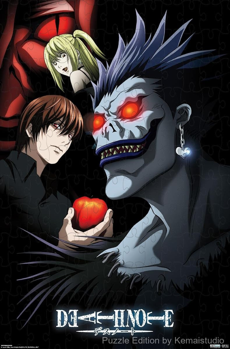 Wooden puzzle featuring key characters from Death Note in a group scene, with a dark and dramatic tone