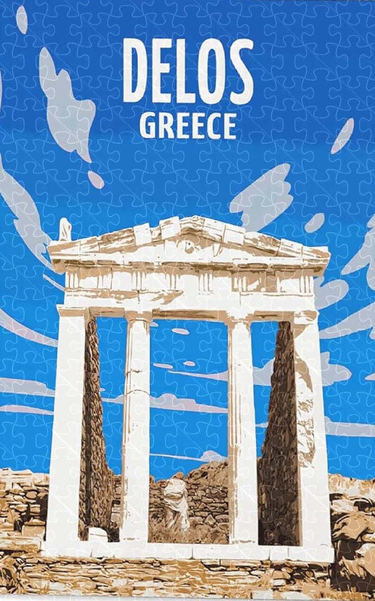 Delos Greece vintage travel poster jigsaw puzzle for adults, 1000-piece wooden puzzle featuring the ancient ruins of Delos.