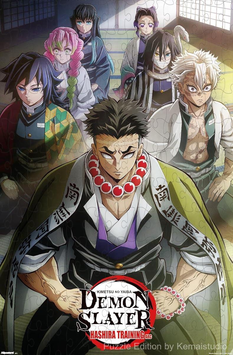 Wooden puzzle featuring the Hashira Training key art from Demon Slayer, showcasing intense action scenes