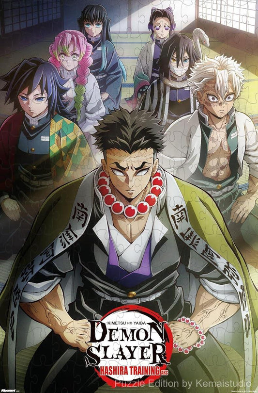 Wooden puzzle featuring the Hashira Training key art from Demon Slayer, showcasing intense action scenes