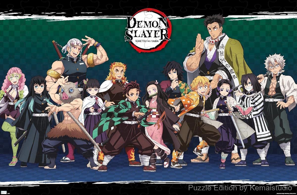 Wooden puzzle featuring the main characters of Demon Slayer in an epic lineup design