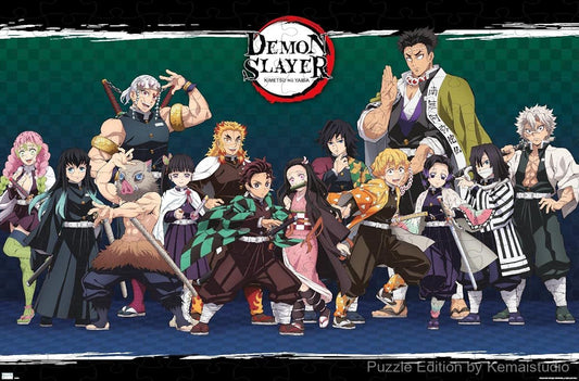 Wooden puzzle featuring the main characters of Demon Slayer in an epic lineup design