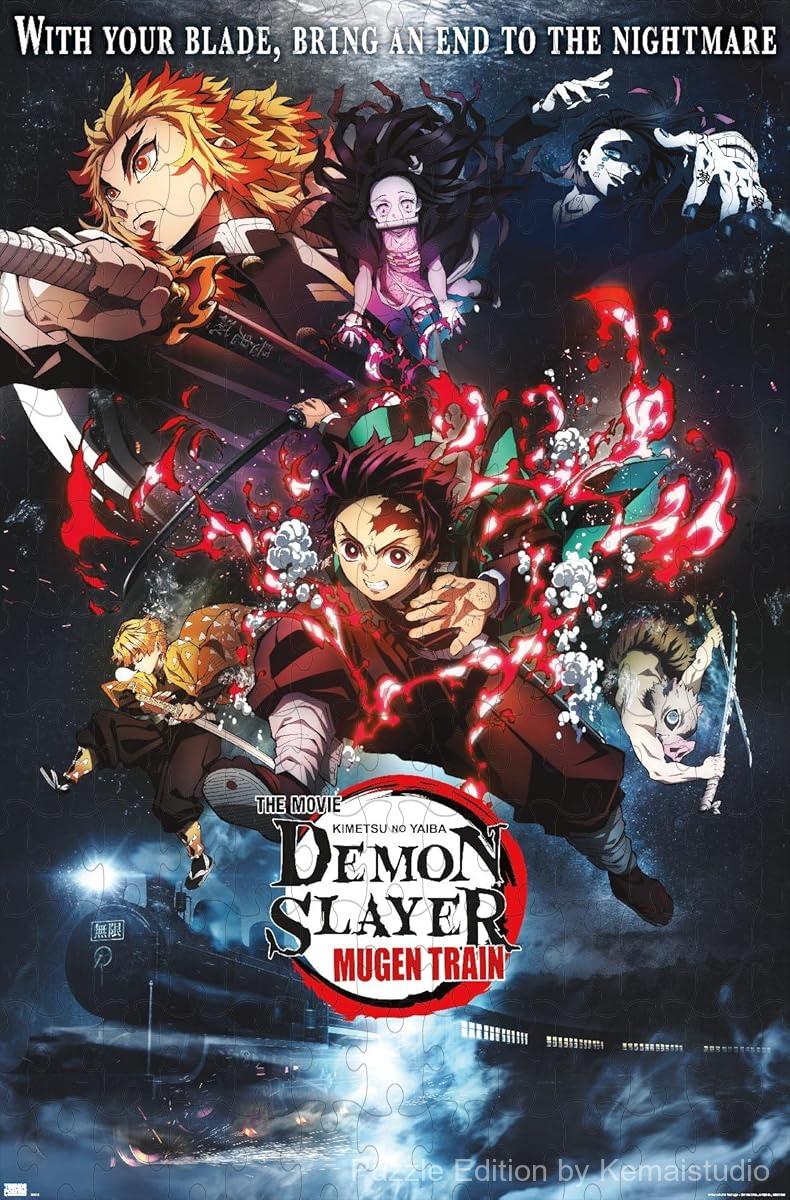 Wooden puzzle featuring the iconic Mugen Train collage from Demon Slayer, with stunning art