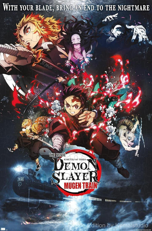 Wooden puzzle featuring the iconic Mugen Train collage from Demon Slayer, with stunning art