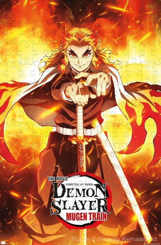 Rengoku stands fierce with flames from the Mugen Train arc in vivid anime detail