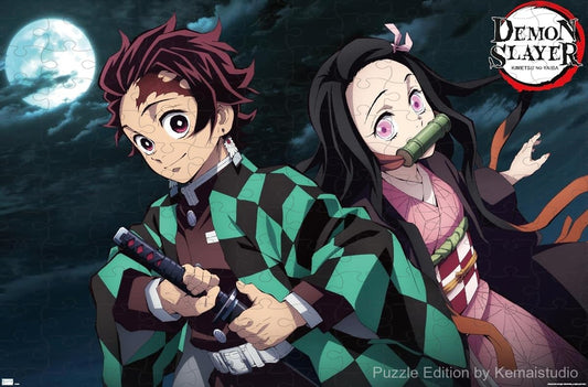 Wooden puzzle featuring Tanjiro and Nezuko in a night scene, with a dramatic and emotional design