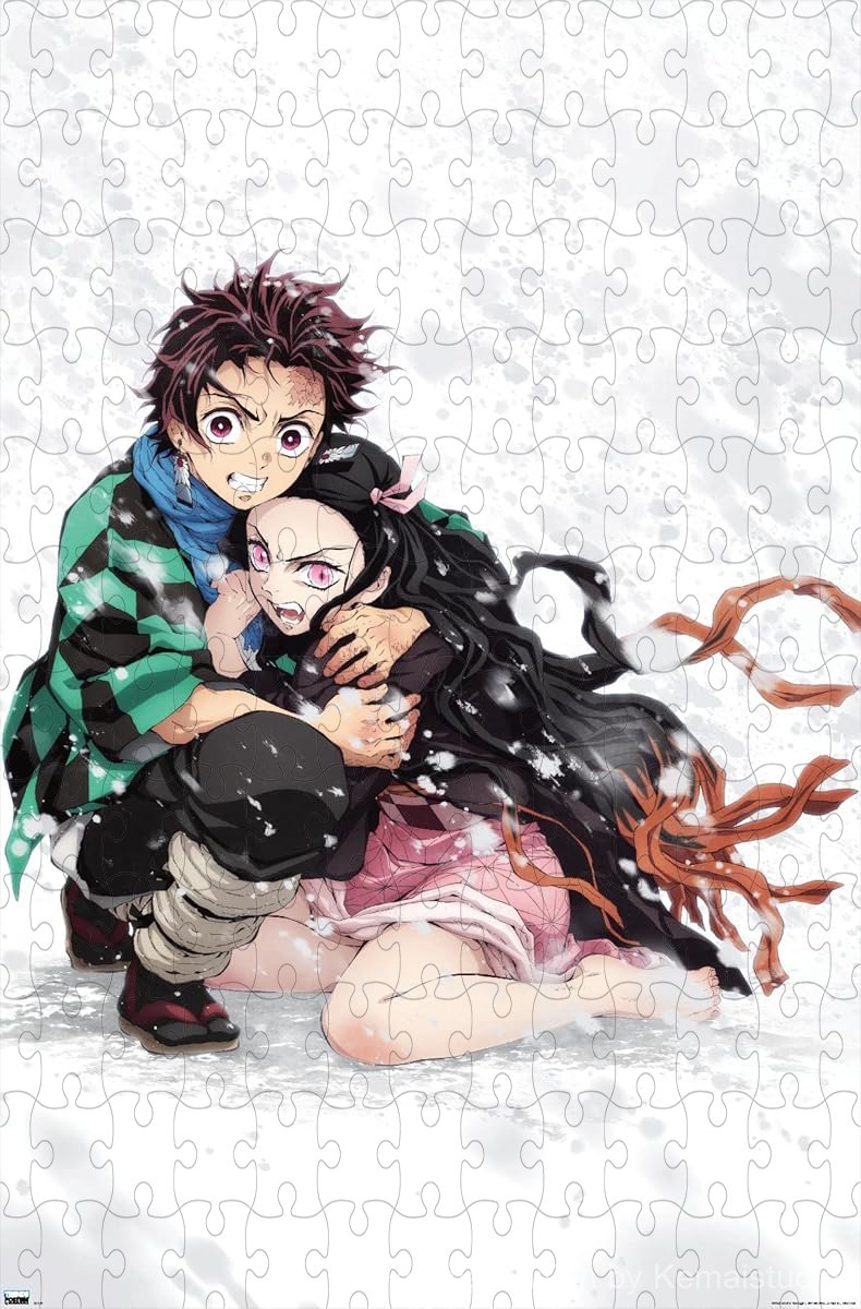 Wooden puzzle featuring Tanjiro and Nezuko in a serene snow scene, ideal for Demon Slayer fans