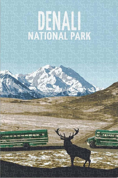 Denali National Park vintage travel poster jigsaw puzzle for adults, 1000-piece wooden puzzle featuring Alaska’s stunning Denali.