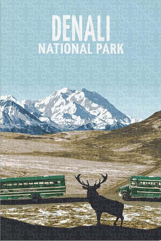 Denali National Park vintage travel poster jigsaw puzzle for adults, 1000-piece wooden puzzle featuring Alaska’s stunning Denali.