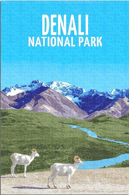 Denali National Park Alaska vintage travel poster jigsaw puzzle for adults, 1000-piece wooden puzzle with majestic Alaskan landscapes.