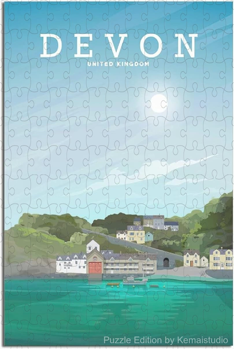 Puzzle showing Devon's coastal skyline in vintage travel poster art