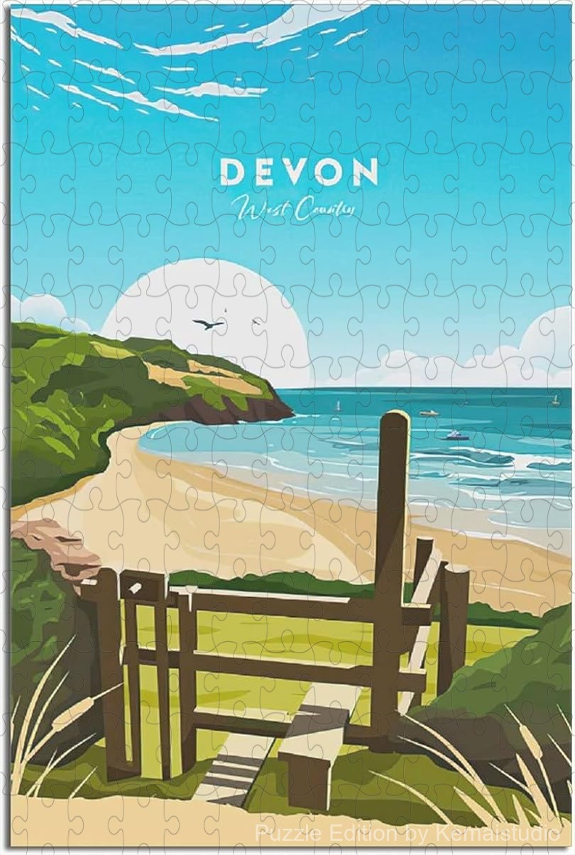 Devon coastal puzzle with vintage English travel poster artwork
