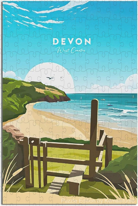 Devon coastal puzzle with vintage English travel poster artwork